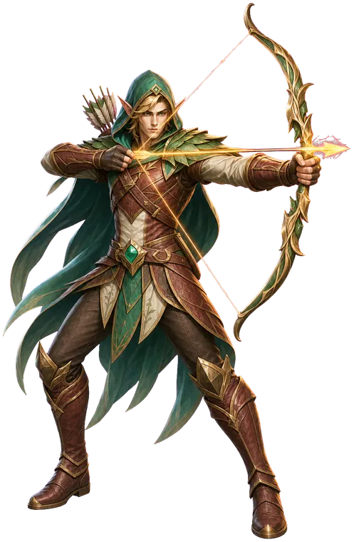 Archer, the elven ranger, with weapon drawn