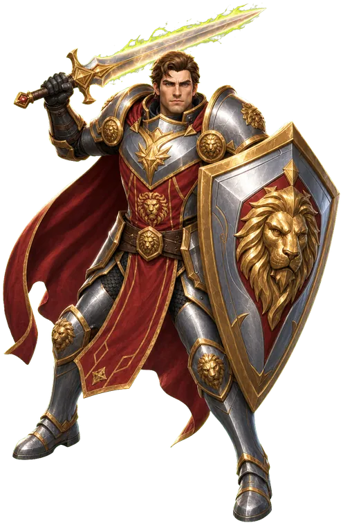 Knight, the lion-shield champion, with weapon drawn