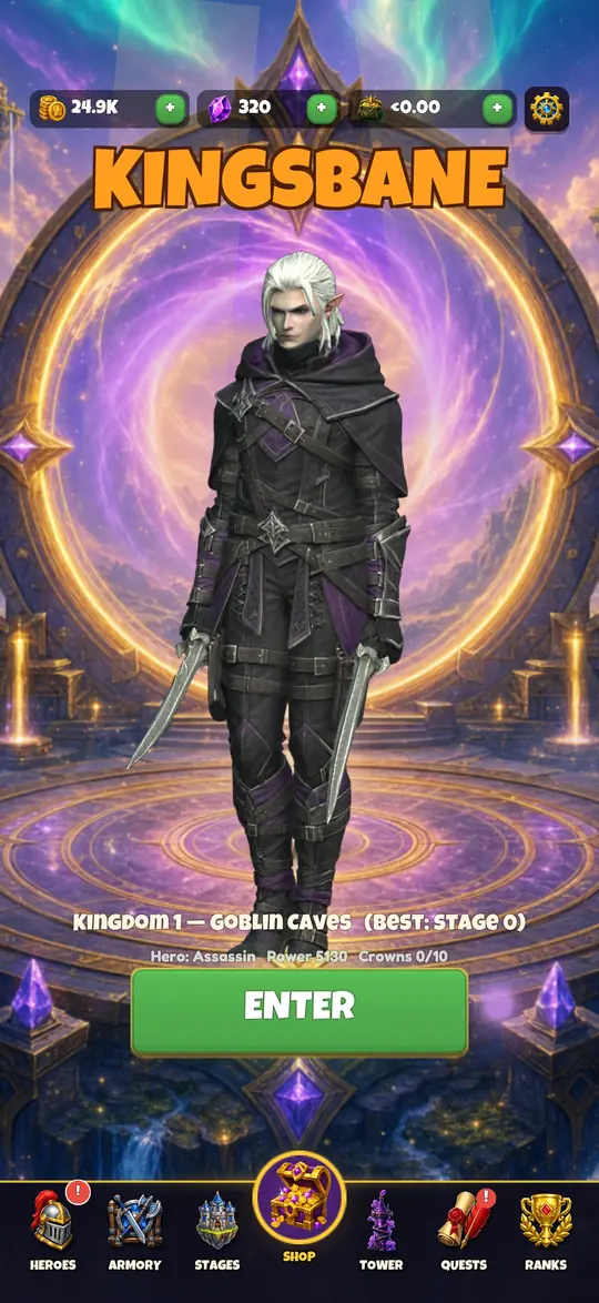 Lobby: the Assassin on the rune portal, ready to enter Kingdom 1 — Goblin Caves