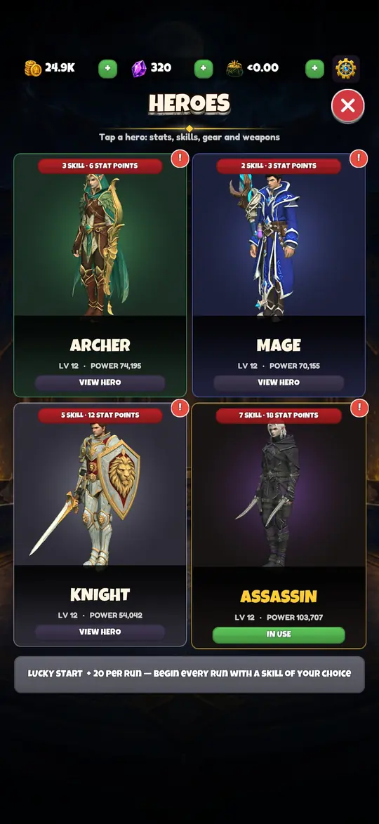 Heroes screen: Archer, Mage, Knight and Assassin with their levels and power