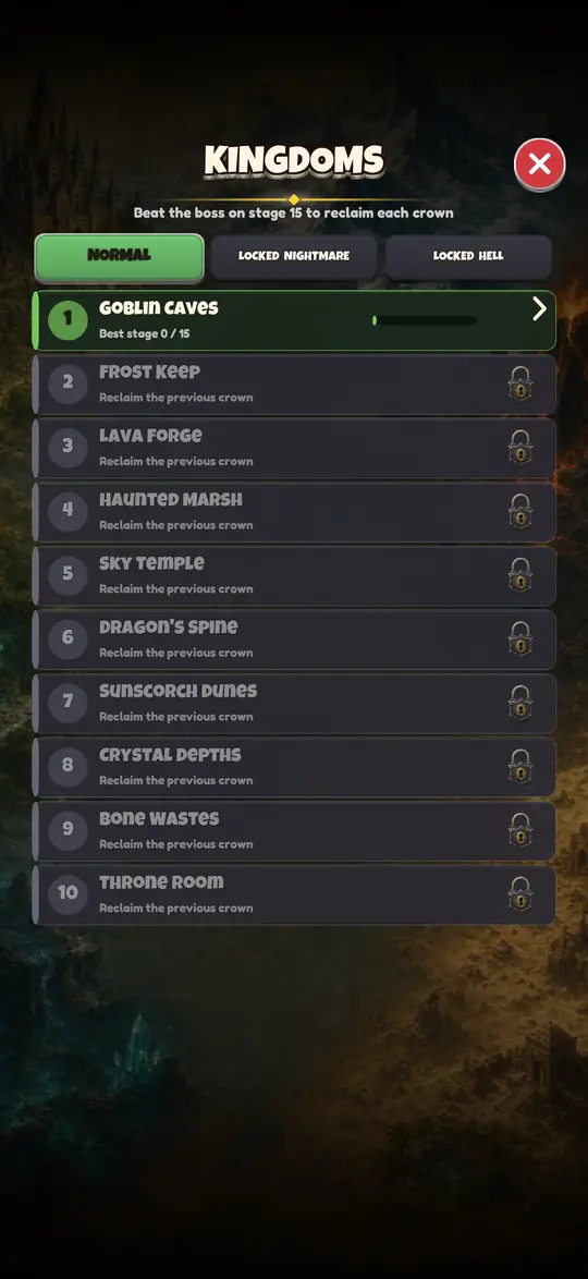 Kingdoms map: ten kingdoms from Goblin Caves to the Throne Room, plus Nightmare and Hell