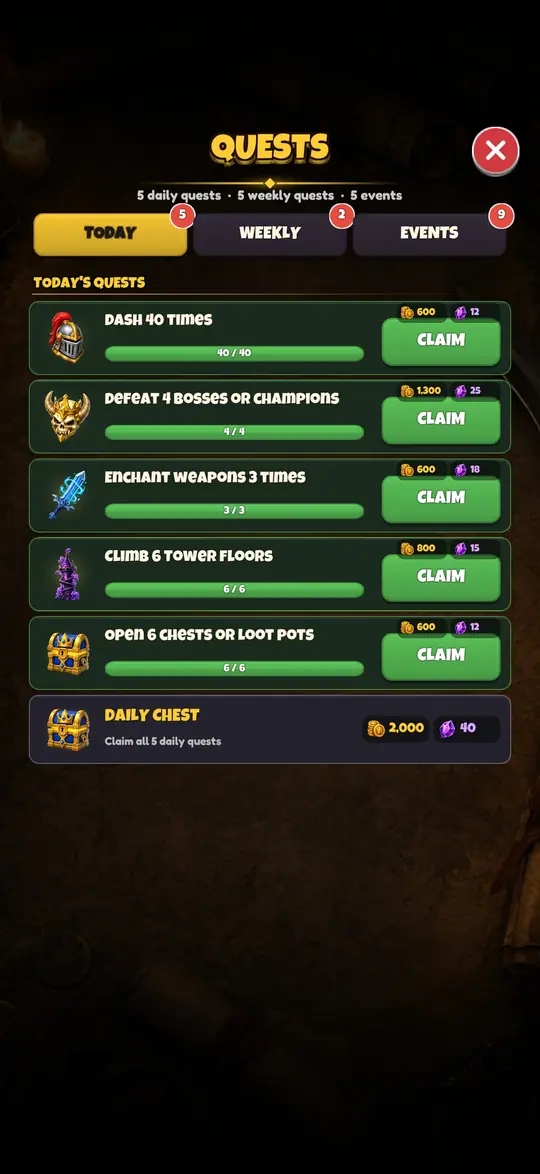 Quests: daily, weekly and event quests with gold and gem rewards