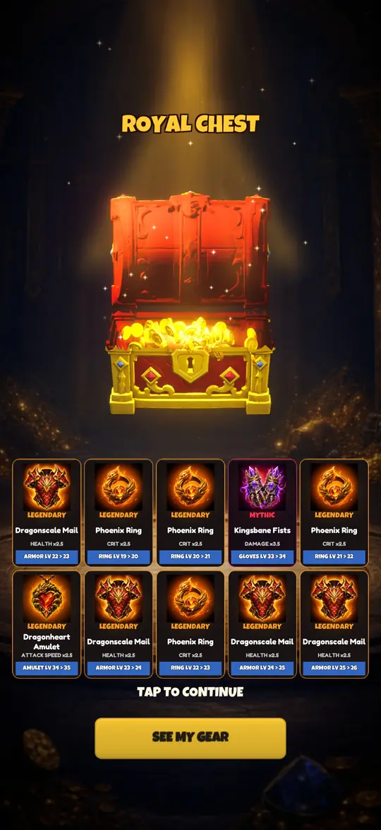 Royal chest reveal full of legendary and mythic gear