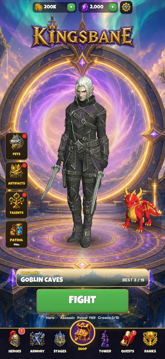 Lobby: the Archer with her Red Drake battle pet, ready to FIGHT in Goblin Caves
