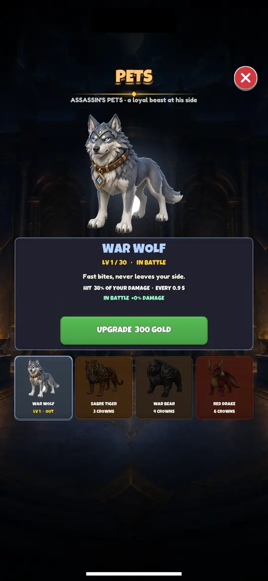 Pets screen: the War Wolf, Sabre Tiger, War Bear and Red Drake