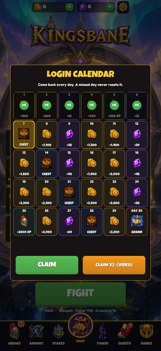 30-day login calendar with gold, gems, gear chests and the grand chest on day 30