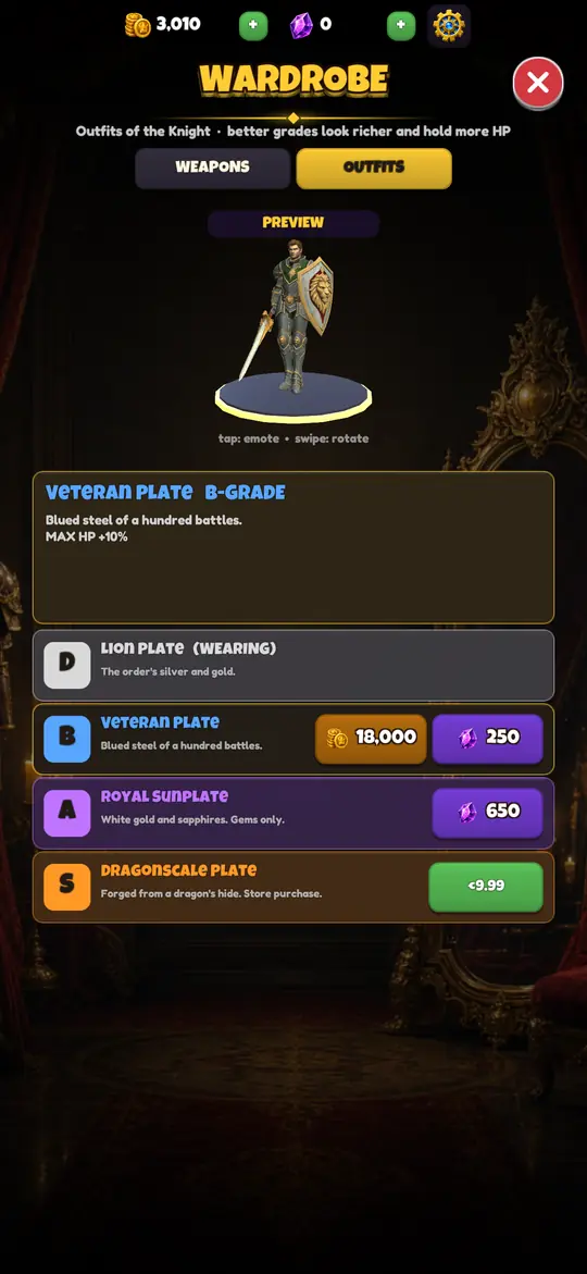 Wardrobe: trying on the Veteran Plate before buying it, with the PREVIEW tag on the Knight